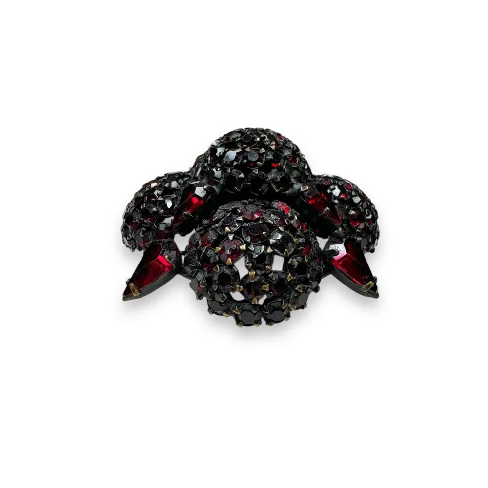 Vintage Warner Red Crystal Flower Brooch Pin Japanned Metal 2.5" Diameter - Picture 12 of 13